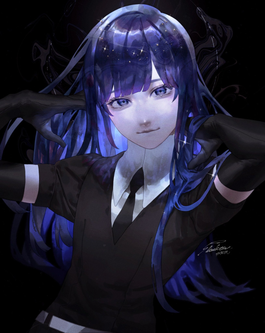 1other arms_up bangs black_gloves black_shirt blue_eyes blue_hair blunt_bangs collared_shirt colored_skin crystal_hair dark_background elbow_gloves eyebrows_behind_hair gem_uniform_(houseki_no_kuni) gloves hand_in_own_hair high_collar highres houseki_no_kuni k041800 lapis_lazuli_(houseki_no_kuni) light_smile long_hair looking_at_viewer necktie puffy_sleeves shiny shiny_hair shirt sidelocks smile solo sparkle straight_hair white_shirt white_skin