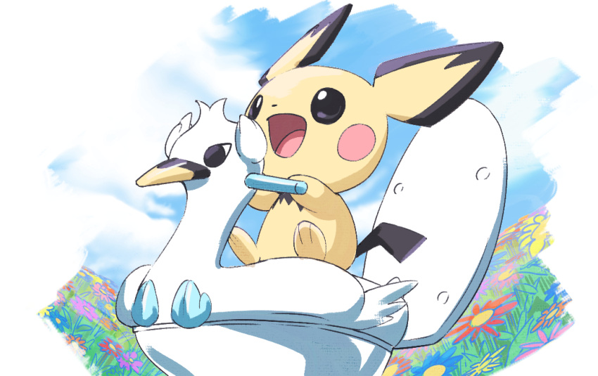 :d clouds commentary_request day flower from_below happy holding mukiguri no_humans open_mouth outdoors pichu pokemon pokemon_(creature) sitting sky smile solo swanna themed_object tongue