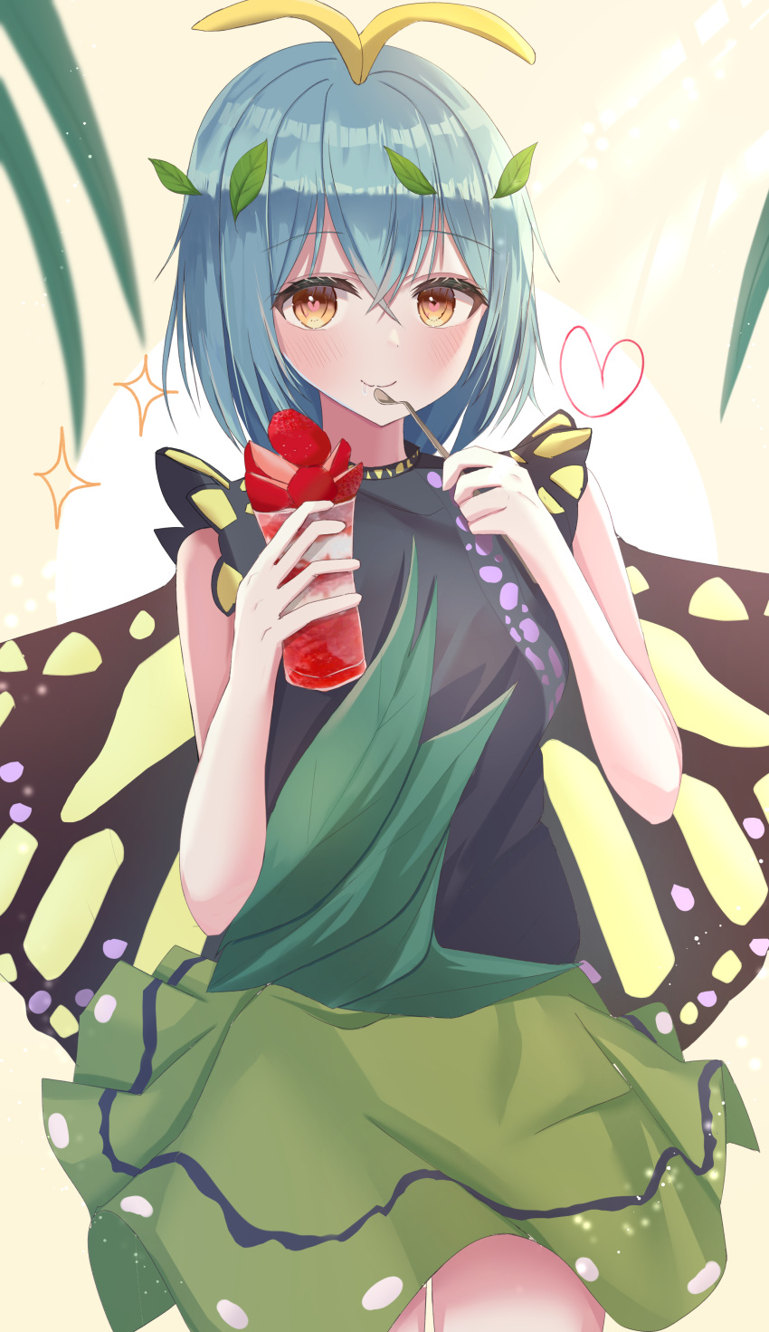 1girl absurdres antennae aohane aqua_hair blush butterfly_wings closed_mouth cowboy_shot dress eternity_larva fairy green_dress hair_between_eyes heart highres holding holding_spoon leaf leaf_on_head multicolored_clothes multicolored_dress orange_eyes parfait short_hair short_sleeves smile solo sparkle spoon touhou wings