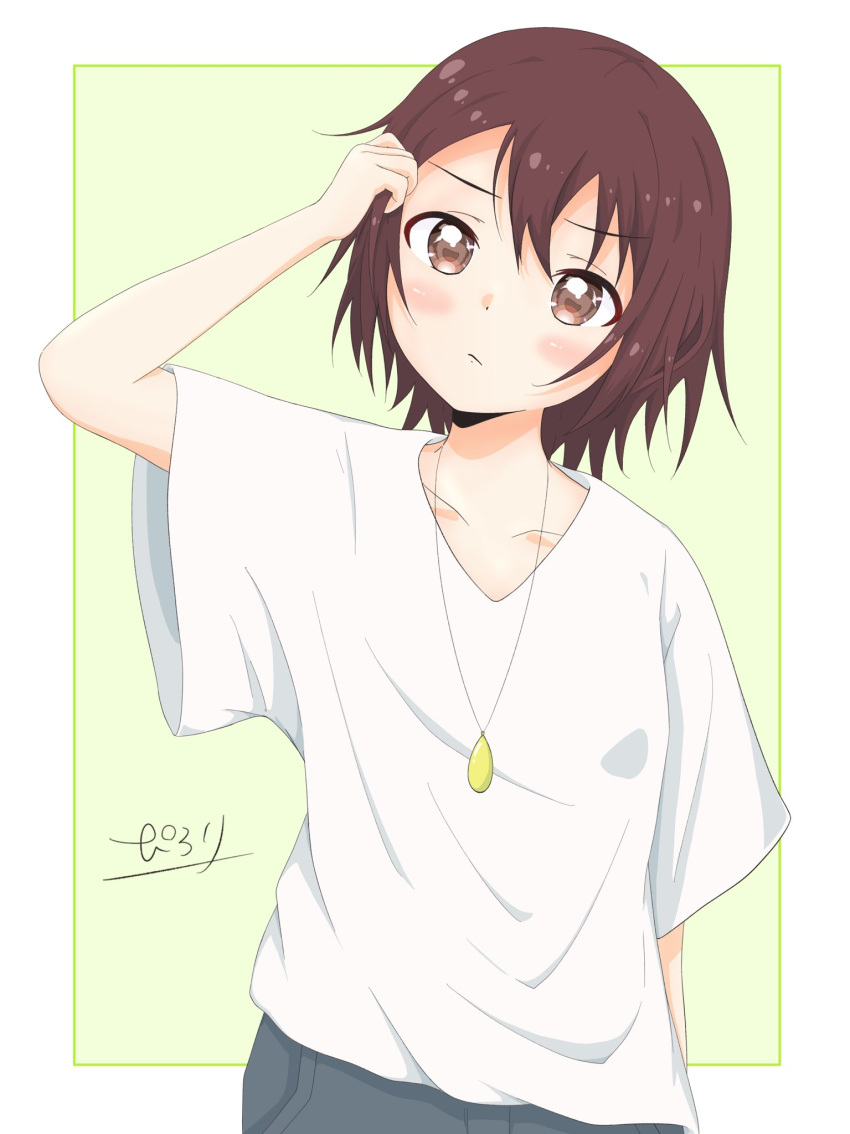 1girl bangs blush border brown_eyes brown_hair casual closed_mouth collarbone commentary_request funami_yui highres jewelry looking_at_viewer necklace pilolimaru shirt short_hair short_sleeves solo upper_body white_border white_shirt yuru_yuri