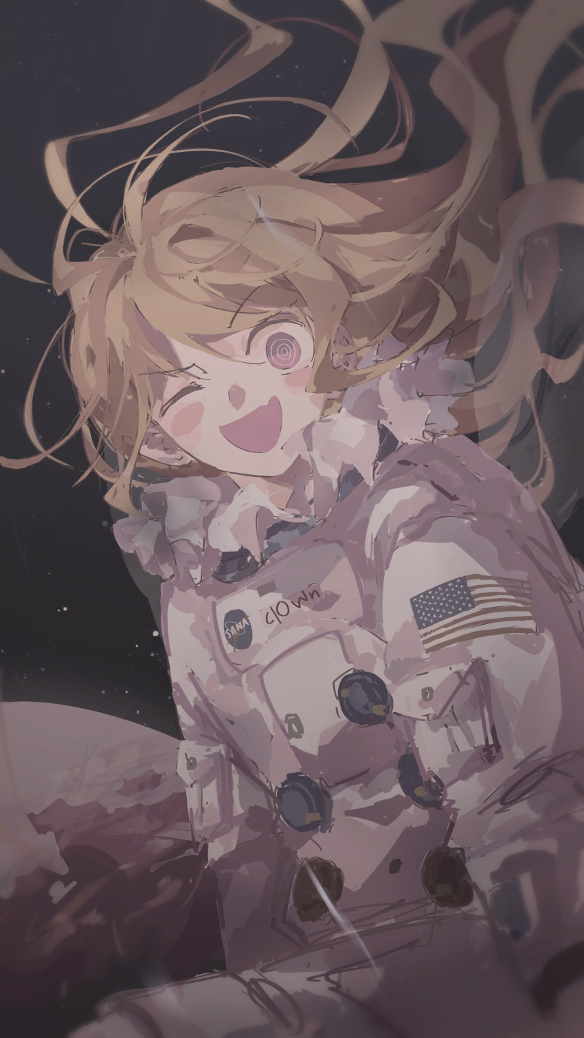 1girl absurdres alternate_costume american_flag astronaut blonde_hair clownpiece hair_flowing_over highres legacy_of_lunatic_kingdom long_hair looking_at_viewer neck_ruff one_eye_closed open_mouth pink_eyes rudopudding smile space spacesuit touhou universe