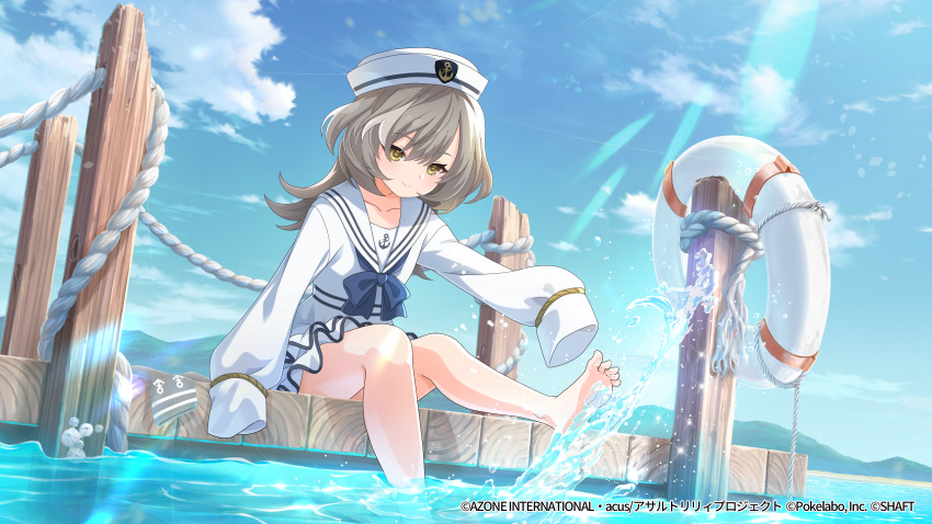 1girl arm_support artist_request assault_lily bangs barefoot blue_bow blue_bowtie blue_sky bow bowtie closed_mouth clouds collarbone day dress dutch_angle foot_out_of_frame grey_hair hair_between_eyes hand_up hat highres leg_up lens_flare lifebuoy long_hair long_sleeves looking_away looking_down mountainous_horizon multicolored_hair ocean official_alternate_costume official_art outdoors outstretched_arm pier rope sailor_collar sailor_dress sailor_hat sasaki_ran shiny shiny_hair short_dress sitting sky sleeves_past_fingers sleeves_past_wrists smile soaking_feet soles solo sparkle splashing streaked_hair toes water_drop watermark webp-to-png_conversion white_dress white_headwear white_sailor_collar yellow_eyes
