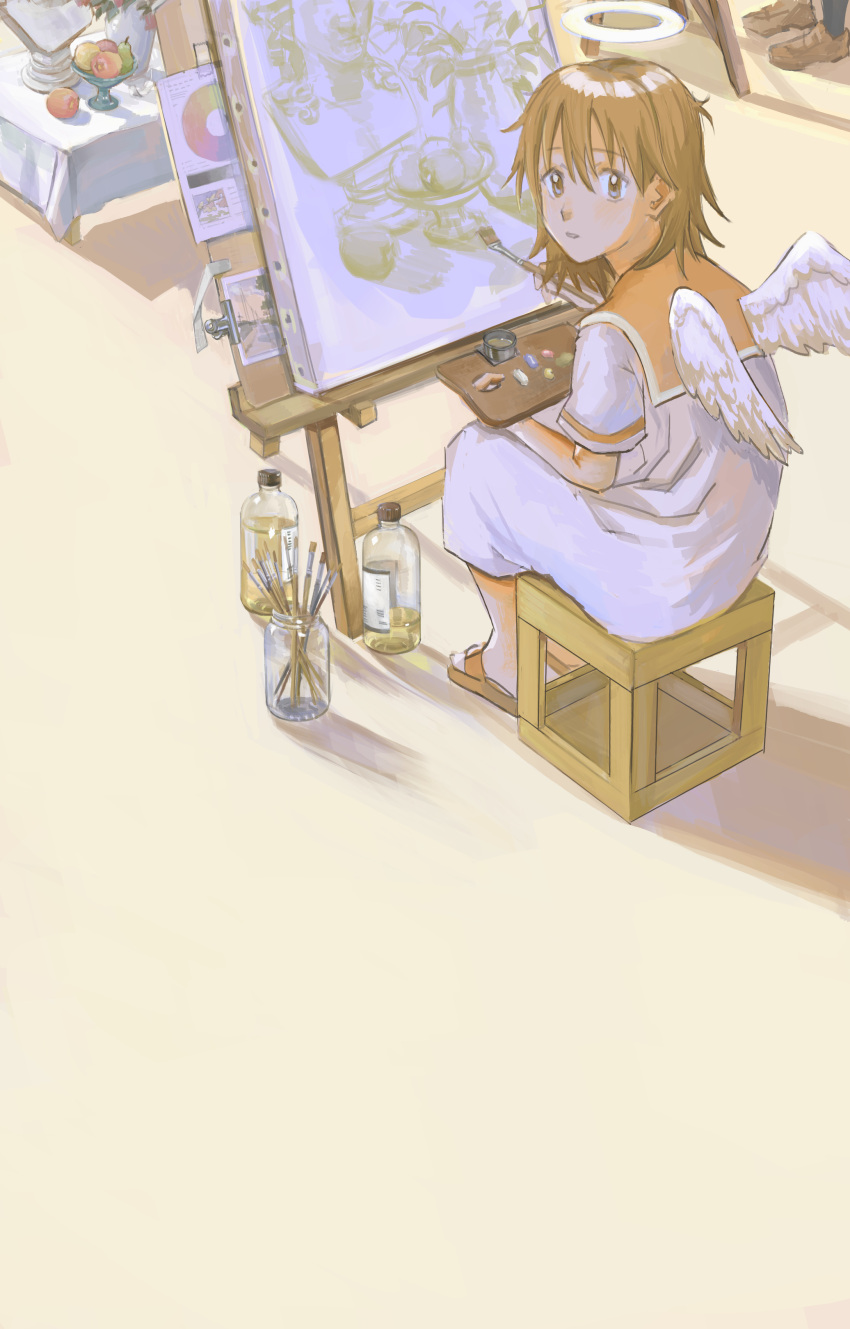 1girl 1other absurdres angel angel_wings bangs bottle brown_eyes brown_footwear brown_hair canvas_(object) commentary dress easel feathered_wings food from_behind haibane_renmei hair_between_eyes halo highres holding holding_paintbrush holding_palette long_dress looking_at_viewer looking_back mini_wings orange_sailor_collar out_of_frame paintbrush painting_(action) painting_(object) palette_(object) parted_lips reki_(haibane) sailor_collar sandals shadow shoes short_hair short_sleeves sitting solo_focus stool table white_dress wings wod