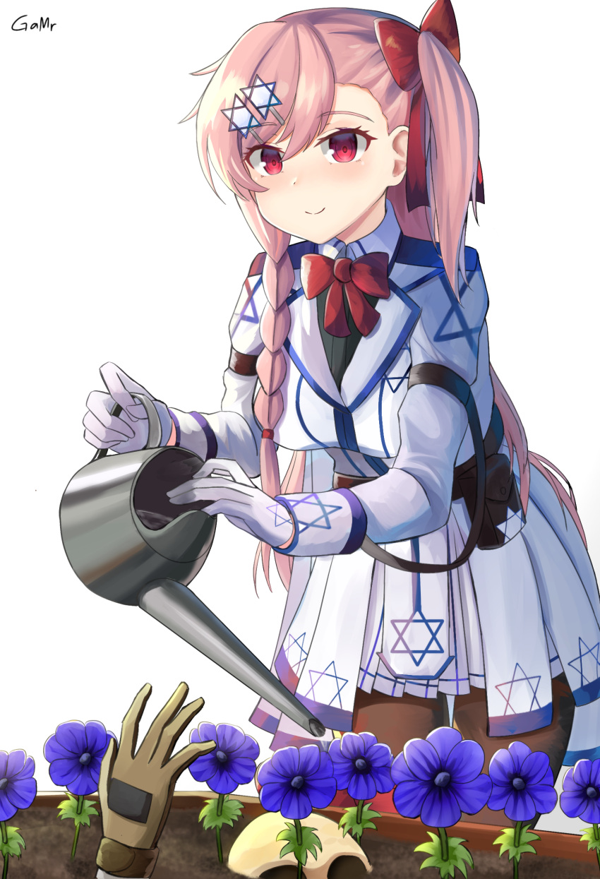 1girl black_pantyhose blue_flower bow braid breasts commission flower gamryous gardening girls_frontline gloves hair_bow hair_ornament hairclip hexagram highres holding holding_watering_can long_hair long_sleeves medium_breasts negev_(girls'_frontline) one_side_up pantyhose pink_hair red_bow red_eyes smile solo_focus star_of_david watering watering_can white_gloves