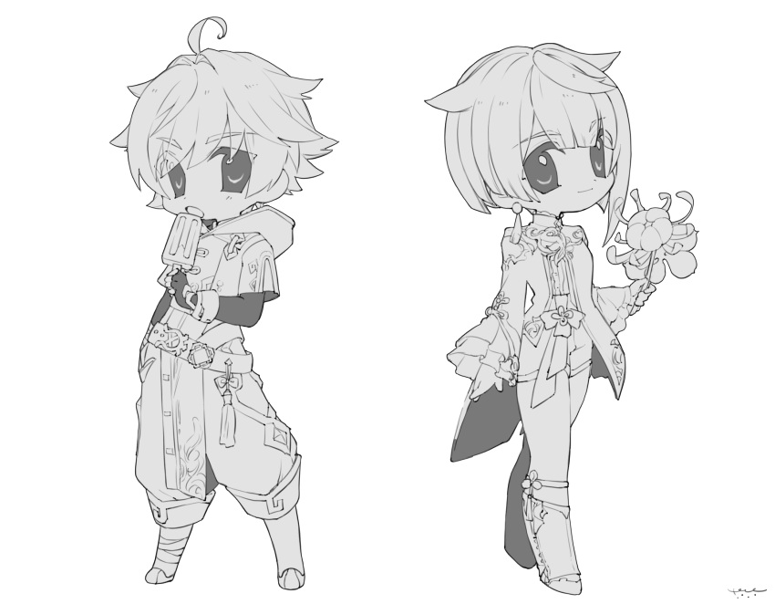 2boys :o ahoge bangs bodysuit boots chibi chongyun_(genshin_impact) closed_mouth earrings fingerless_gloves flower food frilled_sleeves frills full_body genshin_impact gloves greyscale hair_flaps highres holding holding_flower homare_(g_hmr88) jewelry long_sleeves looking_at_viewer male_focus monochrome multiple_boys open_mouth popsicle shorts signature simple_background single_earring tassel vision_(genshin_impact) xingqiu_(genshin_impact)