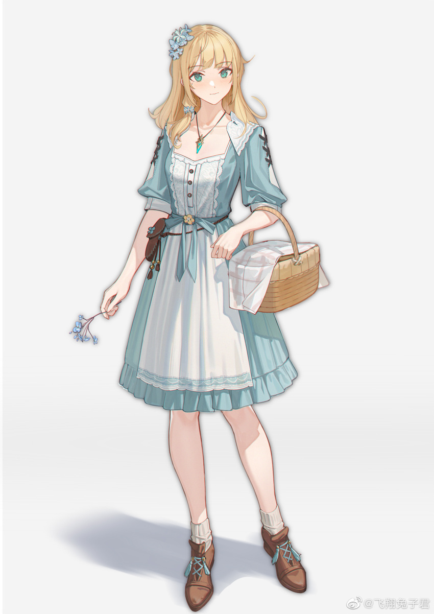 1girl ankle_socks aqua_eyes basket blonde_hair blue_bow blue_dress blue_flower bow brown_footwear collarbone dress dress_bow fanny_pack flower fly_tutu frilled_dress frills full_body hair_flower hair_ornament highres holding holding_basket holding_flower jewelry long_hair looking_at_viewer necklace original oxfords picnic_basket puffy_short_sleeves puffy_sleeves short_sleeves smile socks solo standing two-tone_dress weibo_logo weibo_username white_dress white_flower white_socks