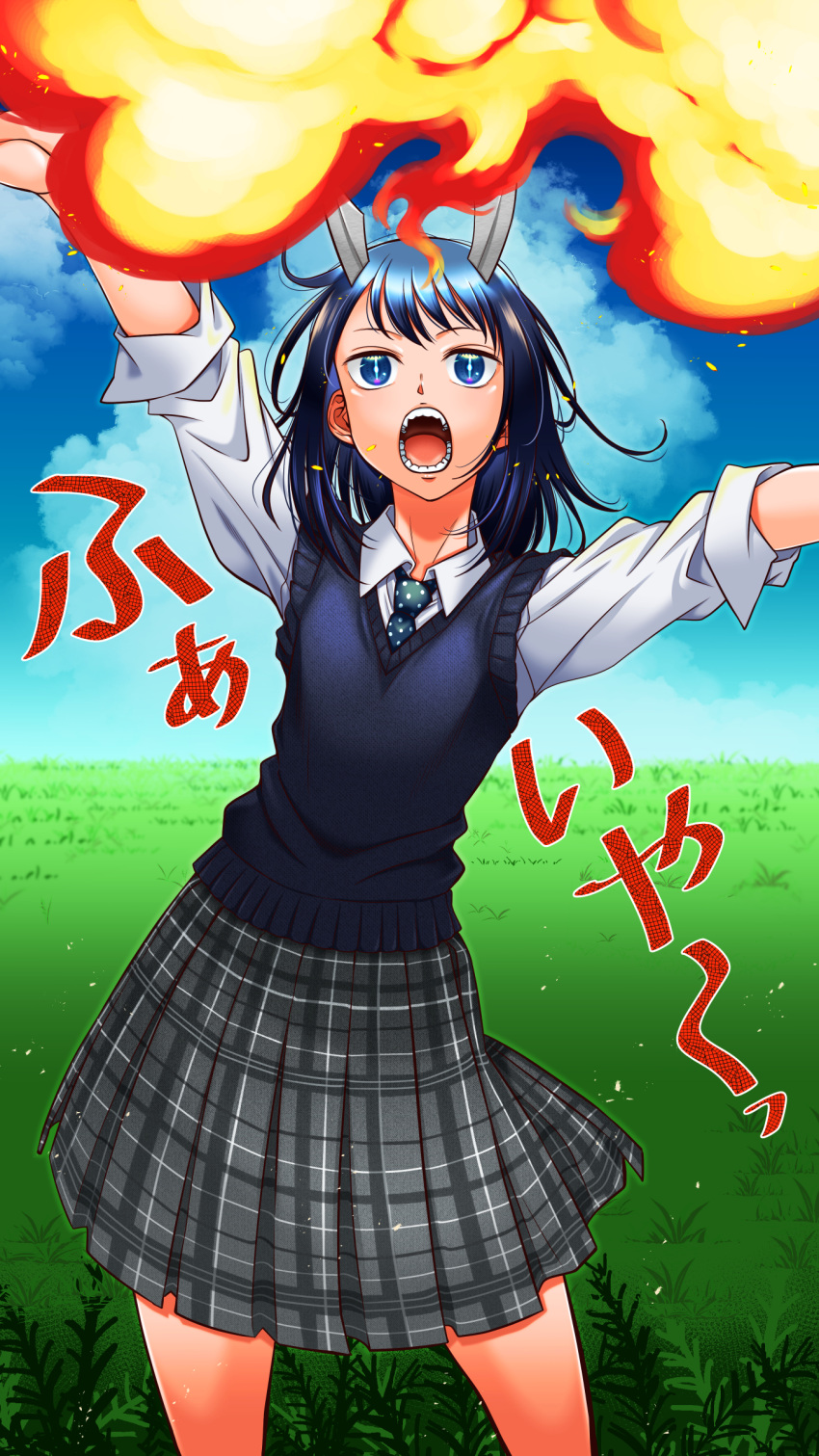 1girl absurdres aoki_ruri arm_up bangs blue_eyes blue_necktie blue_vest breathing_fire bright_pupils clouds cloudy_sky collared_shirt contrapposto cowboy_shot dark_blue_hair dragon_girl dragon_horns fangs fire grass hanzaki_jirou highres horns long_sleeves medium_hair medium_skirt multicolored_eyes necktie open_mouth outdoors pink_eyes plaid plaid_skirt pleated_skirt polka_dot_necktie ruri_dragon school_uniform shirt skirt sky sleeves_rolled_up slit_pupils solo swept_bangs teeth tongue translated vest white_pupils white_shirt