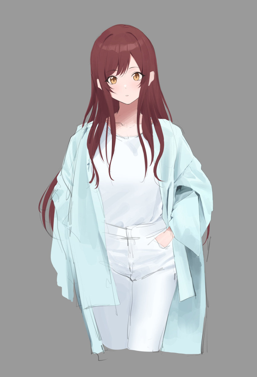 1girl :o absurdres coat collarbone cropped_legs green_coat grey_background highres idolmaster idolmaster_shiny_colors long_hair looking_at_viewer osaki_amana pants redhead shirt simple_background sketch solo straight_hair very_long_hair white_pants white_shirt yellow_eyes yu1127_illust