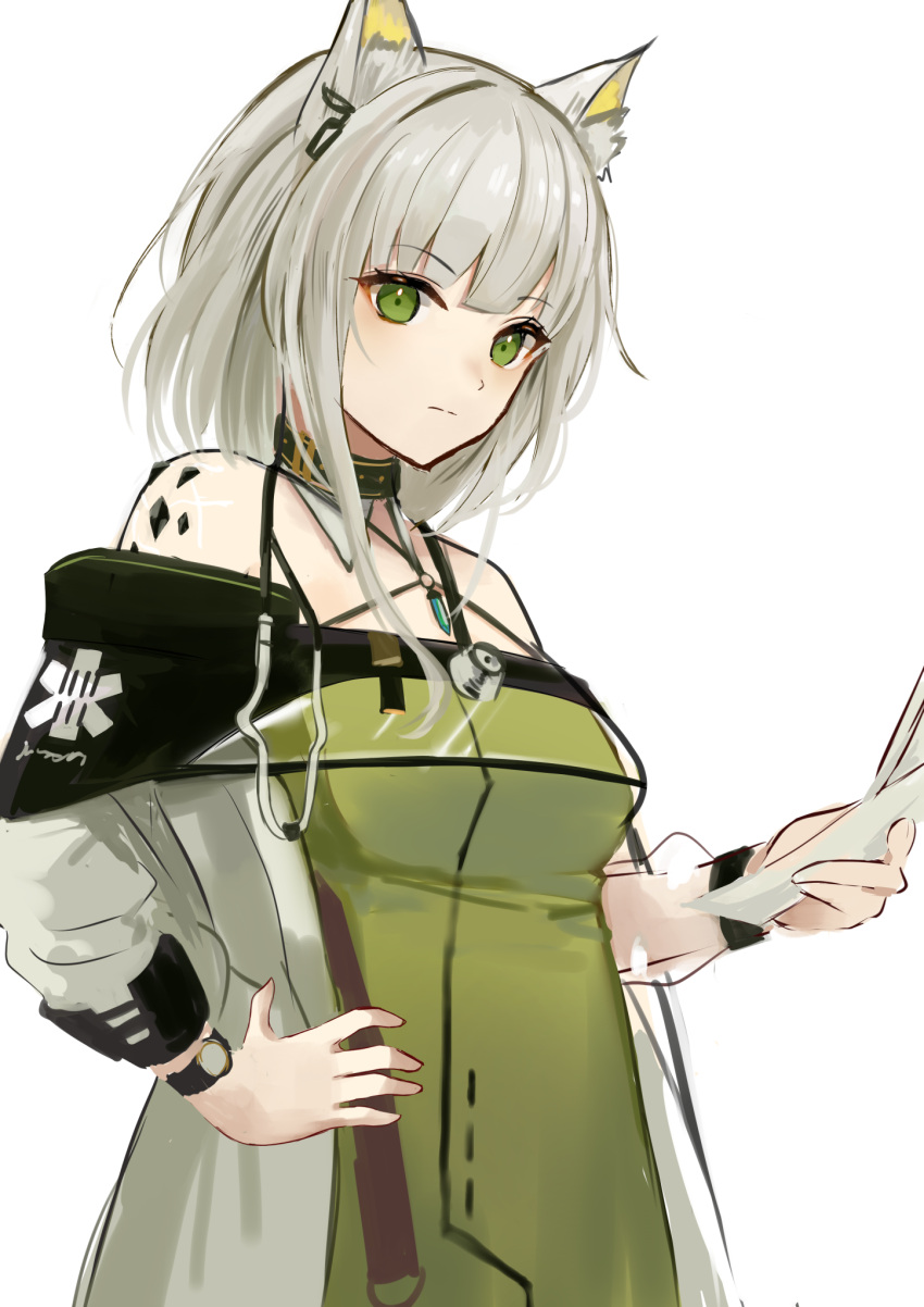 1girl animal_ear_fluff animal_ears arknights azuazu_0405 bangs bare_shoulders black_choker cat_ears choker commentary dress green_dress green_eyes grey_hair highres holding kal'tsit_(arknights) long_sleeves looking_at_viewer off_shoulder oripathy_lesion_(arknights) short_hair solo upper_body watch watch