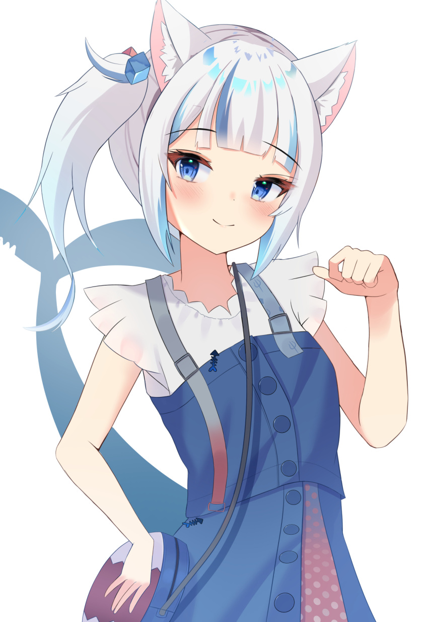 1girl animal_ears bag bangs bare_arms blue_eyes blue_hair blue_skirt blue_tail blunt_bangs blush buttons cat_ears commentary fish_tail frilled_sleeves frills gawr_gura hair_cubes hair_ornament hand_up handbag highres hololive hololive_english kawaiipony2 looking_at_viewer medium_hair miniskirt multicolored_hair open_hand shark_girl shark_tail shirt side_ponytail sidelocks simple_background skirt skirt_set streaked_hair symbol-only_commentary tail tail_raised upper_body virtual_youtuber white_background white_hair white_shirt