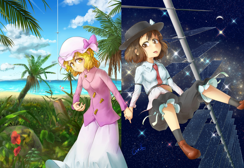 2girls absurdres beach black_pants blonde_hair brown_eyes brown_hair clear_sky clouds fedora hat highres loafers maribel_hearn mob_cap multiple_girls nature necktie palm_tree pants puffy_pants purple_shirt shirt shoes sky space space_elevator star_(sky) tongue tongue_out touhou tree usami_renko welt_(kinsei_koutenkyoku) yellow_eyes