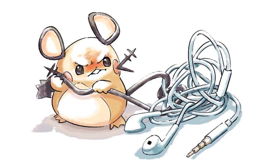 cable commentary_request dedenne earphones frown frustrated furrowed_brow holding mukiguri no_humans pokemon pokemon_(creature) solo tangled_up white_background