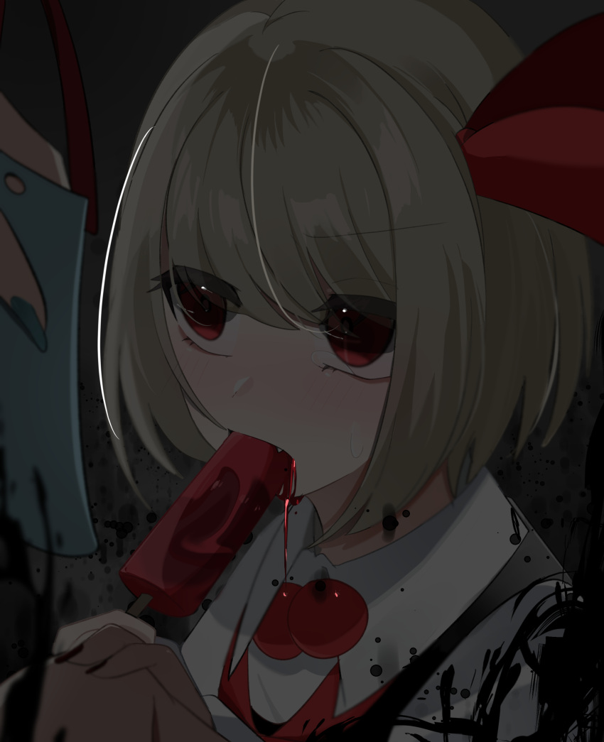 2girls absurdres ambiguous_red_liquid black_nails blonde_hair blue_nails blush bow collared_shirt commentary_request dark darkness fang food full-face_blush gotamashii highres multiple_girls popsicle red_bow red_eyes rumia shirt short_hair sitting tanabata tanzaku tearing_up touhou