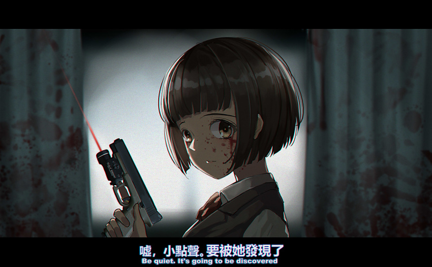 1girl absurdres backlighting bangs black_vest blood blood_on_curtains blood_on_face bow bowtie brown_eyes brown_hair chinese_text commentary curtains english_text gun handgun highres holding holding_gun holding_weapon laser laser_sight letterboxed looking_at_viewer mixed-language_text original qi==qi red_bow red_bowtie scenery shirt short_hair upper_body vest weapon white_shirt