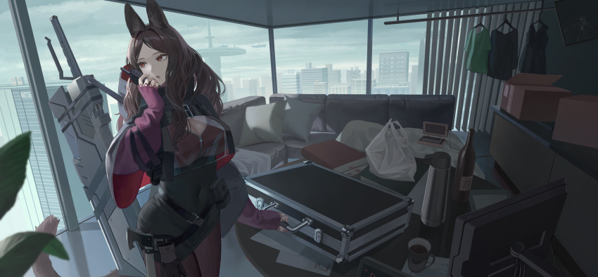 1girl absurdres animal_ears axe black_hair black_pantyhose bottle box breasts briefcase building cardboard_box cityscape clothes_hanger coffee_mug couch cup highres holding huge_weapon large_breasts long_hair long_sleeves mug original pantyhose red_eyes saba-kann_(kannsaba) scabbard sheath sheathed skyscraper solo standing sword table tactical_clothes walkie-talkie weapon window
