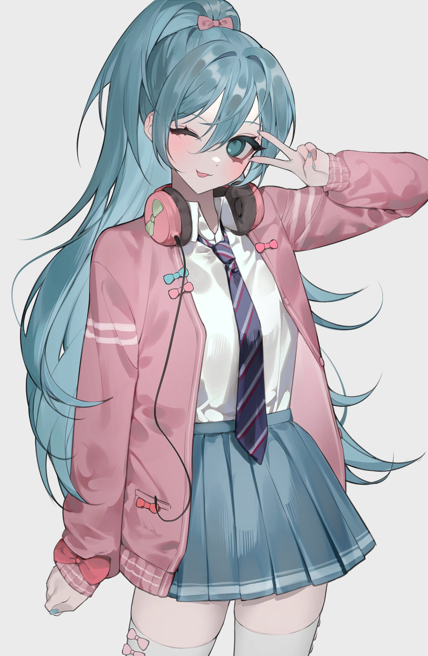 1girl absurdres aqua_eyes aqua_hair aqua_nails bamme_o3o blue_bow blue_hair blue_skirt blush bow closed_mouth eyelashes fingernails green_bow grey_background hair_between_eyes hair_bow hatsune_miku headphones headphones_around_neck highres jacket long_eyelashes long_fingernails long_hair necktie open_clothes open_jacket pink_bow pink_jacket ponytail red_bow school_uniform shirt_tucked_in simple_background skirt sleeves_past_wrists solo striped striped_clothes striped_necktie thigh-highs tongue tongue_out v v_over_eye very_long_hair vocaloid white_thighhighs