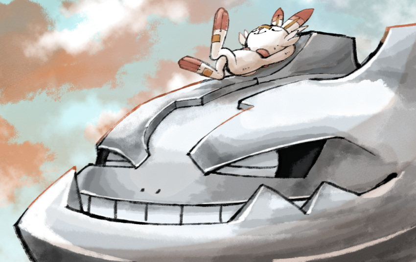 closed_eyes closed_mouth commentary_request lying mukiguri no_humans on_back on_head pokemon pokemon_(creature) pokemon_on_head scorbunny sleeping smile steelix teeth u_u