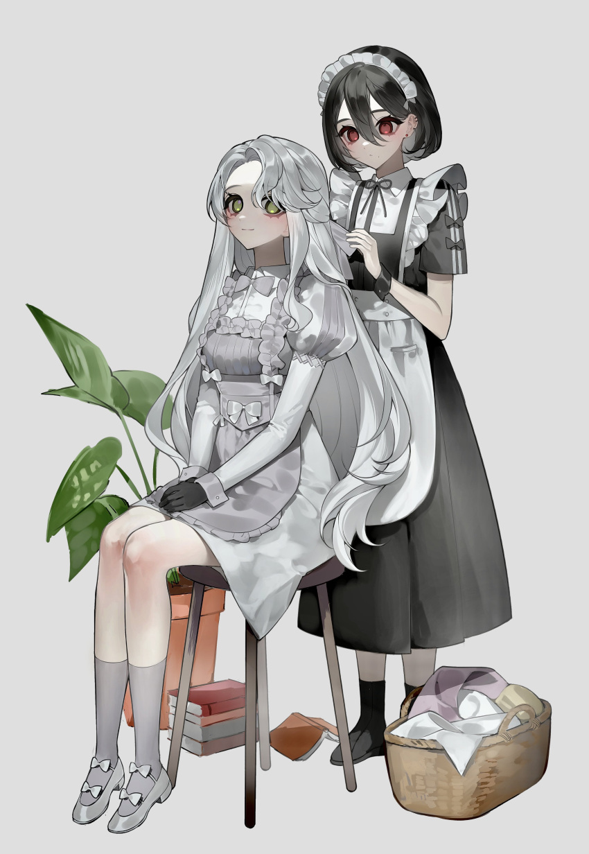 2girls absurdres apron bamme_o3o basket black_bow black_footwear black_gloves black_ribbon blush book book_stack bow closed_mouth ear_piercing earrings frilled_apron frills gloves green_eyes grey_background grey_bow grey_footwear grey_hair grey_socks hair_between_eyes highres jewelry long_hair maid maid_headdress multiple_girls original piercing plant potted_plant red_eyes ribbon short_hair simple_background sitting smile socks standing stool very_long_hair