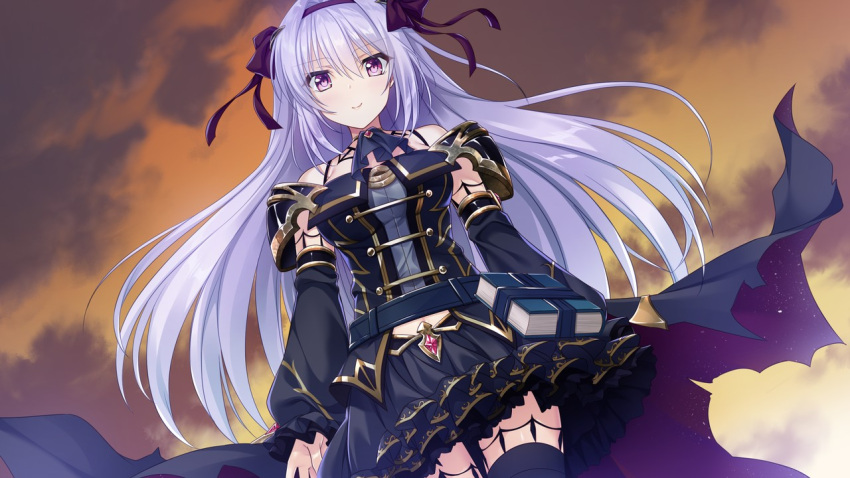 1girl armor ascot bangs black_ascot black_skirt black_sleeves book bow breasts closed_mouth clouds cloudy_sky cowboy_shot detached_sleeves dutch_angle floating_hair game_cg hair_between_eyes hair_bow hairband layered_skirt long_hair long_sleeves looking_at_viewer lydia_(senkou_no_clarias) medium_breasts midriff miniskirt outdoors pleated_skirt purple_bow purple_hairband red_eyes senkou_no_clarias shiny shiny_hair shoulder_armor skirt sky smile solo standing stomach suzuhira_hiro thigh-highs thigh_strap very_long_hair waist_cape white_hair zettai_ryouiki