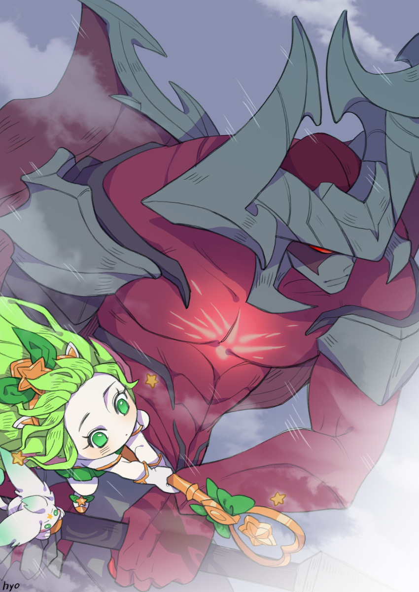 1boy 1girl aatrox abs absurdres artist_name biceps clouds colored_skin creature demon demon_wings flying fog green_eyes green_hair highres horns hyuko_wong league_of_legends long_hair looking_to_the_side lulu_(league_of_legends) muscular muscular_male pectorals red_eyes red_skin scar scar_on_chest shoes shoulder_pads staff star_(symbol) star_guardian_(league_of_legends) star_guardian_lulu wings