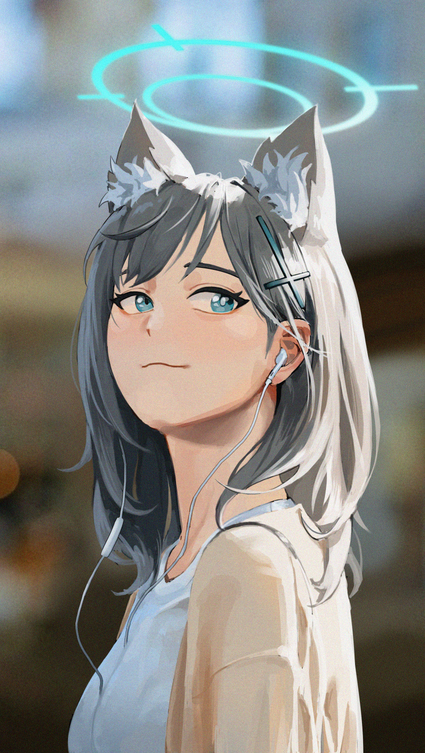 1girl absurdres alternate_costume animal_ears bangs blue_archive blue_eyes blurry cable casual close-up commentary_request depth_of_field earphones extra_ears from_side grey_hair hair_between_eyes hair_ornament hairclip halo head_tilt highres long_sleeves looking_at_viewer looking_to_the_side mismatched_pupils myomu realistic shiroko_(blue_archive) short_hair sidelocks smile solo wolf_ears wolf_girl