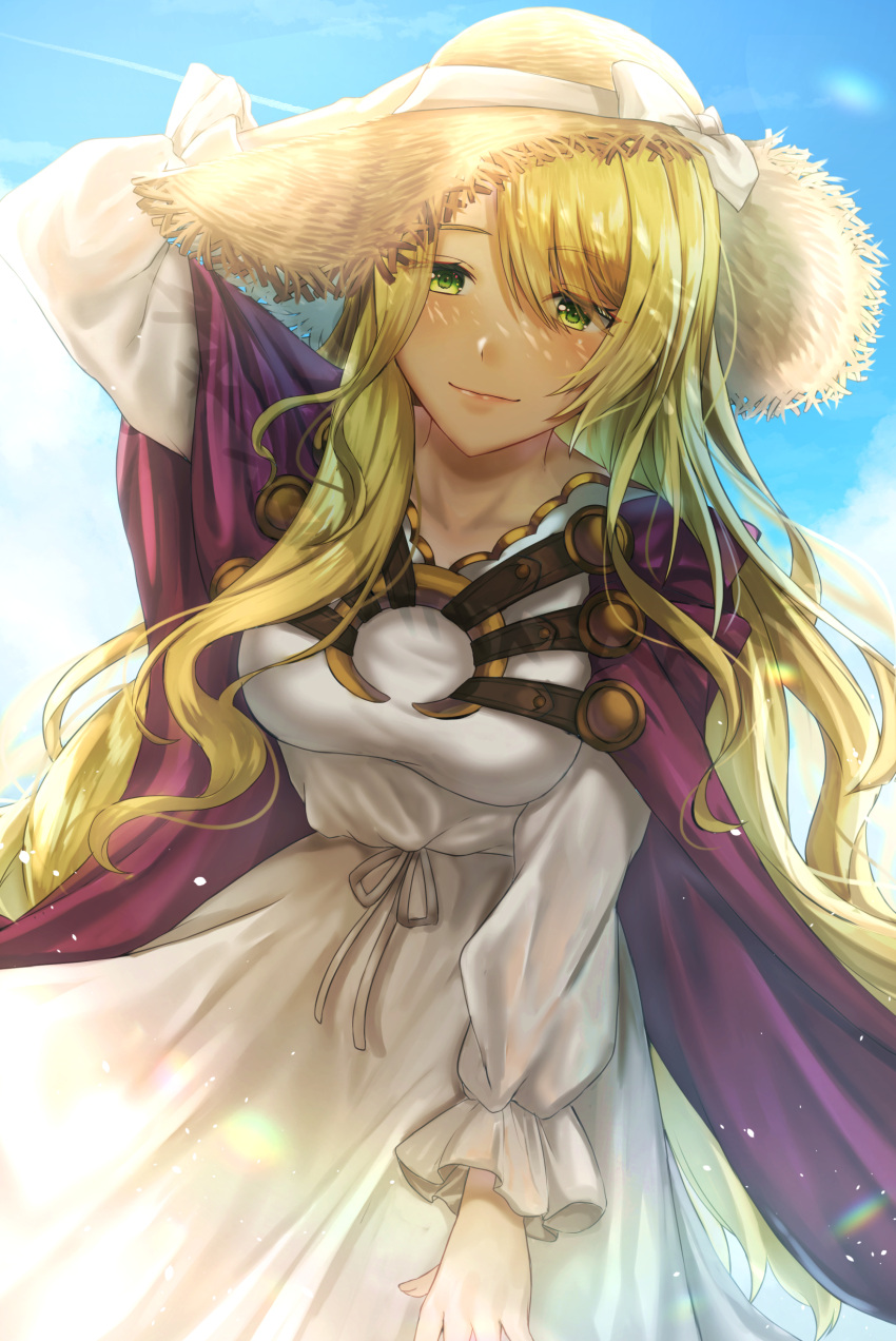 1girl absurdres arm_up blonde_hair blue_sky blush bow breasts cape collarbone cowboy_shot dappled_sunlight dress fire_emblem fire_emblem:_the_binding_blade fire_emblem:_the_blazing_blade fire_emblem_heroes green_eyes hat highres light_particles long_dress long_hair long_sleeves looking_at_viewer medium_breasts nei_(aduma1120ponpon) saint_elimine_(fire_emblem) sky smile solo straw_hat sunlight very_long_hair white_bow white_dress