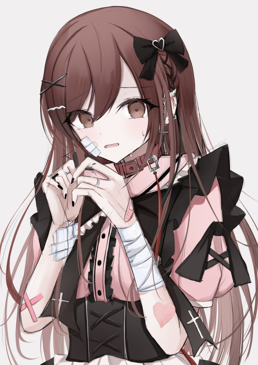 1girl bandaged_arm bandages bandaid bandaid_on_face bandaid_on_hand brown_hair ear_piercing earrings empty_eyes highres idolmaster idolmaster_shiny_colors jewelry leash leather_choker long_hair maddo_(gasser_0518) nail_polish osaki_amana own_hands_together piercing puffy_short_sleeves puffy_sleeves short_sleeves simple_background solo straight_hair sweatdrop two-tone_dress upper_body white_background
