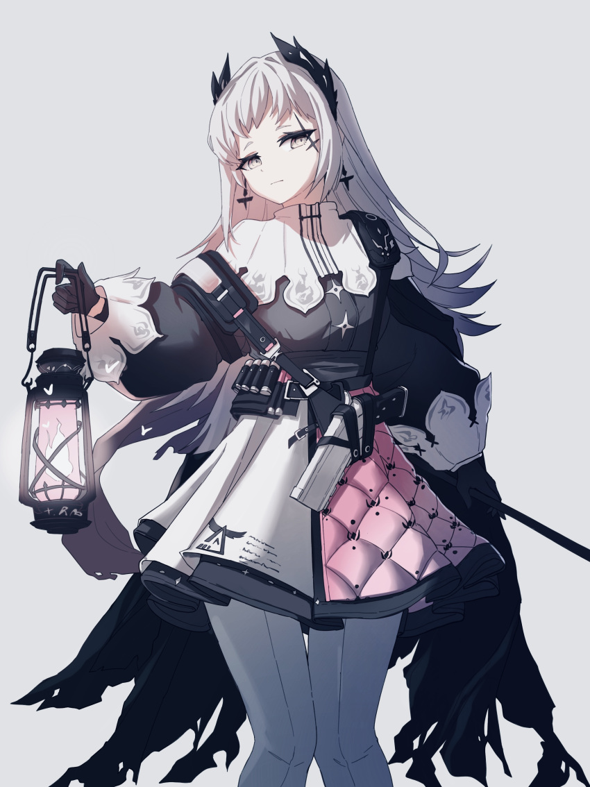 1girl absurdres ammunition_belt arknights black_dress dress earrings feet_out_of_frame grey_background grey_eyes grey_hair gun handgun head_wings highres holding holding_lantern holstered_weapon irene_(arknights) jeon_(user_ywaw3774) jewelry lantern looking_at_viewer multicolored_clothes multicolored_dress pantyhose pink_dress scar scar_across_eye simple_background solo weapon white_dress white_pantyhose