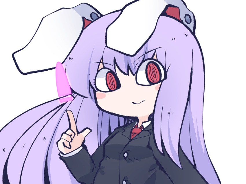 1girl @_@ animal_ears black_jacket blazer blush_stickers buttons closed_mouth collared_shirt fried_rice0614 jacket light_purple_hair long_hair long_sleeves necktie one-hour_drawing_challenge rabbit_ears red_eyes red_necktie reisen_udongein_inaba shirt smile solo touhou upper_body white_shirt