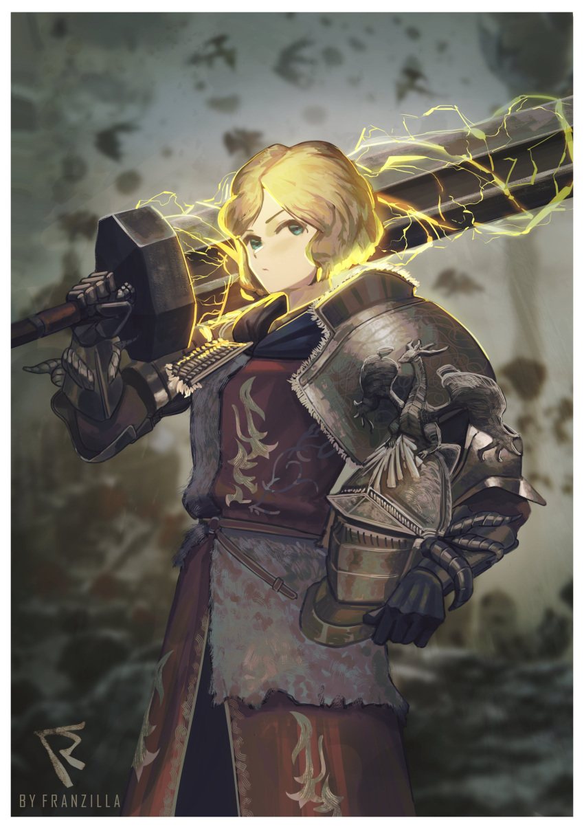 1girl absurdres armor artist_name blonde_hair character_request closed_mouth commentary commission elden_ring english_commentary franzilla full_armor greatsword green_eyes headwear_removed helmet helmet_removed highres holding holding_helmet holding_sword holding_weapon lightning looking_at_viewer over_shoulder short_hair shoulder_armor solo sword sword_over_shoulder weapon weapon_over_shoulder