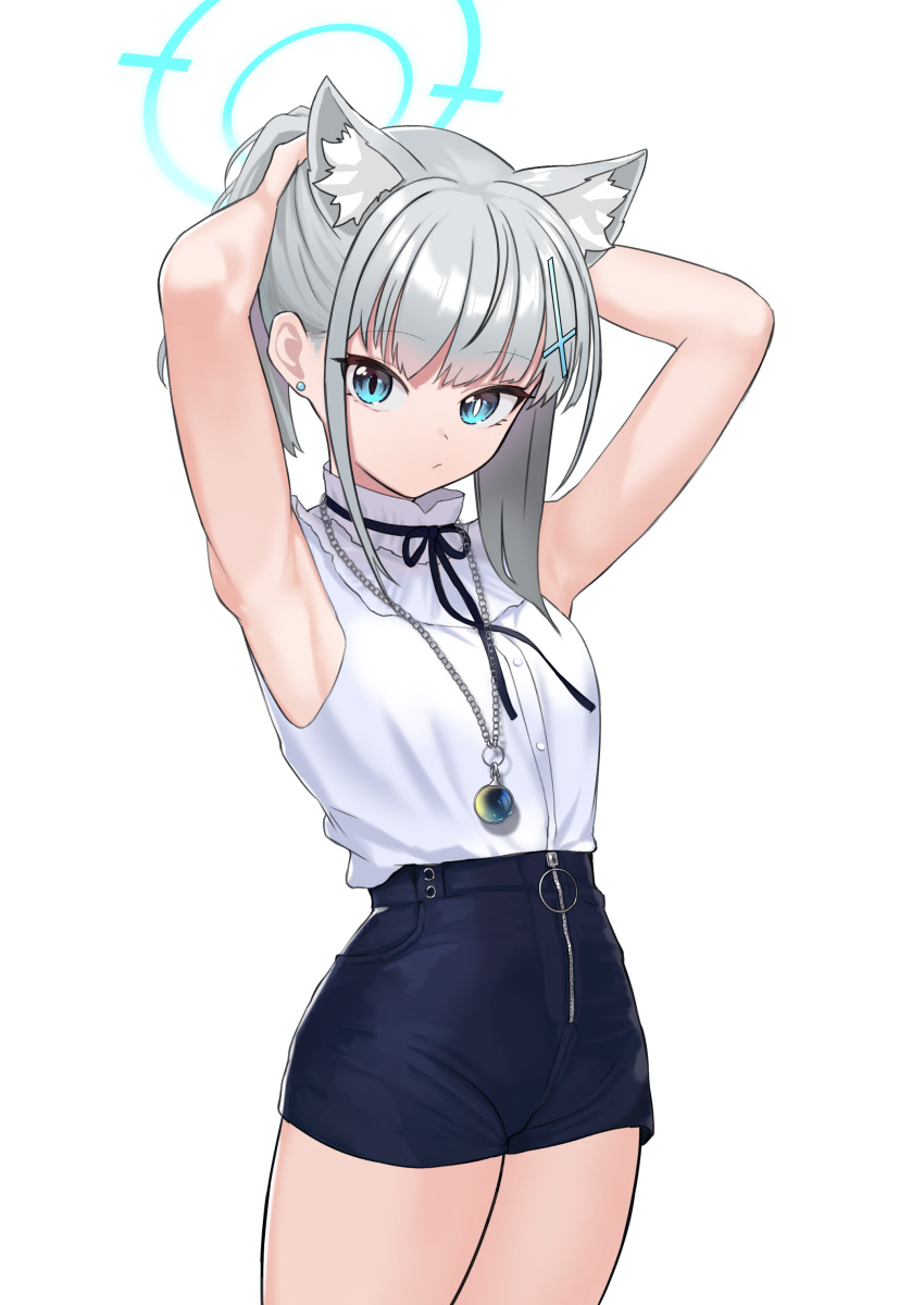1girl absurdres adjusting_hair alternate_costume animal_ear_fluff animal_ears armpits arms_up bangs blue_archive blue_eyes bow bowtie cowboy_shot cross_hair_ornament extra_ears grey_hair hair_ornament halo highres jewelry medium_hair mismatched_pupils nanana_narang necklace ponytail shiroko_(blue_archive) shirt short_shorts shorts solo standing white_background white_shirt