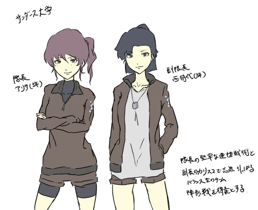 2girls alisa_(girls_und_panzer) alternate_hair_length alternate_hairstyle alternate_universe brown_jacket collarbone commentary_request girls_und_panzer jacket multiple_girls nishi_kinuyo older run_the_9tails shirt short_twintails shorts shorts_under_shorts star_(symbol) translation_request twintails uniform white_shirt