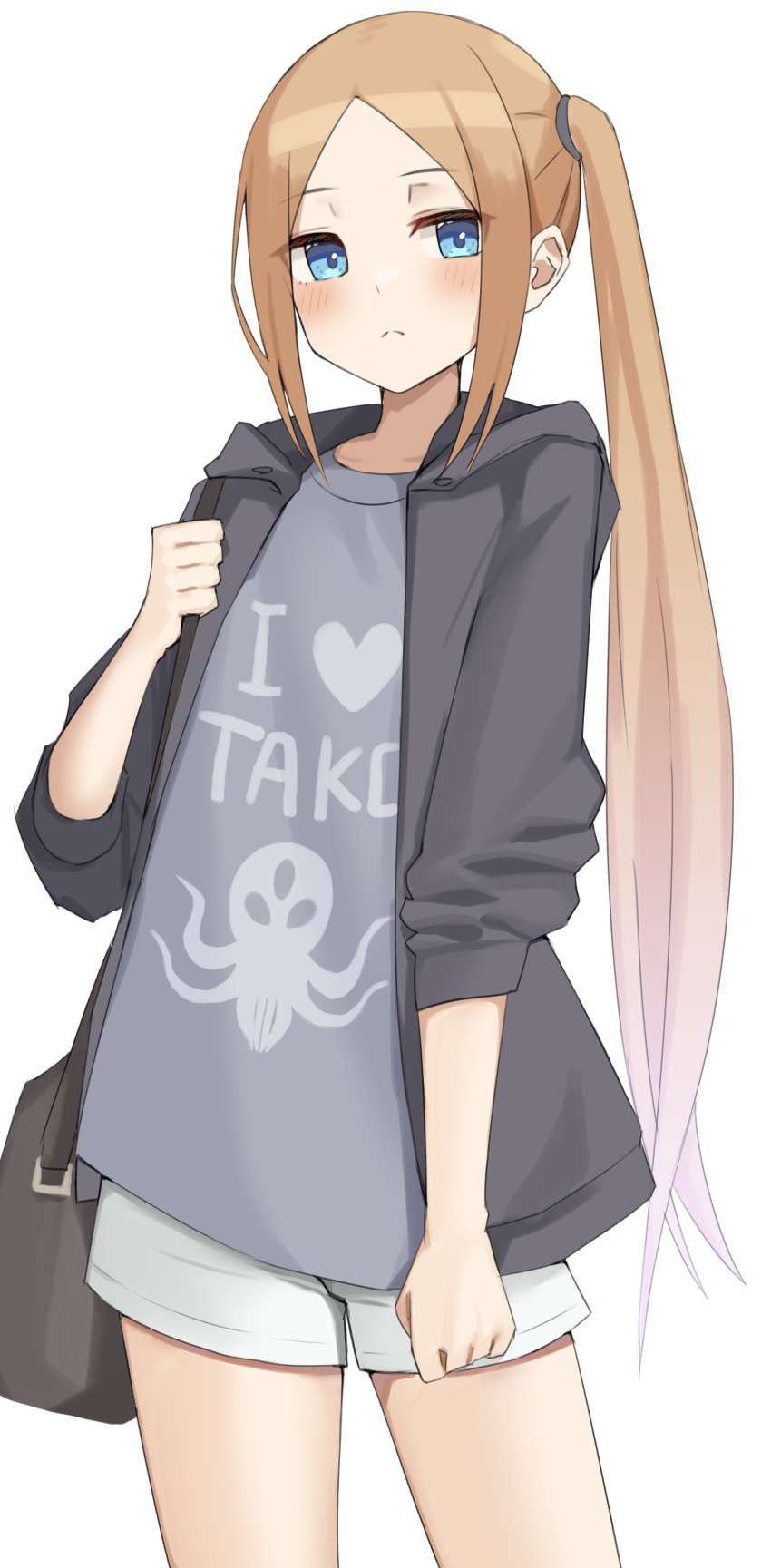 1girl :&lt; abigail_williams_(fate) absurdres bag bangs black_hoodie black_jacket blonde_hair blue_eyes blue_shirt blush breasts fate/grand_order fate_(series) forehead grey_shirt hair_ornament handbag highres hood hoodie jacket kopaka_(karda_nui) long_hair long_sleeves looking_at_viewer looking_to_the_side open_clothes open_jacket parted_bangs ponytail shirt shorts side_ponytail sidelocks simple_background solo standing thighs white_background white_shorts