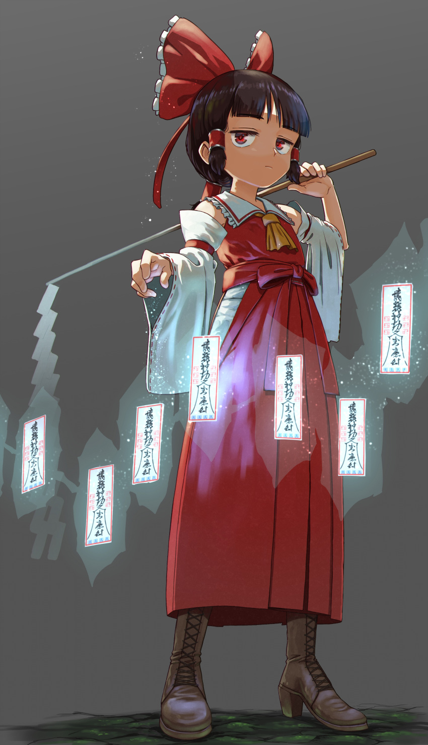 1girl absurdres ascot bangs boots bow brown_eyes brown_footwear brown_hair collared_shirt detached_sleeves dress frilled_bow frilled_hair_tubes frilled_shirt_collar frills gohei grey_background hair_bow hair_tubes hakama hakama_skirt hakurei_reimu high_heels highres iroiro_yaru_hito japanese_clothes medium_hair ofuda red_bow red_dress red_hakama ribbon-trimmed_sleeves ribbon_trim serious shirt short_ponytail sidelocks simple_background skirt sleeveless sleeveless_dress solo touhou white_sleeves wide_sleeves yellow_ascot
