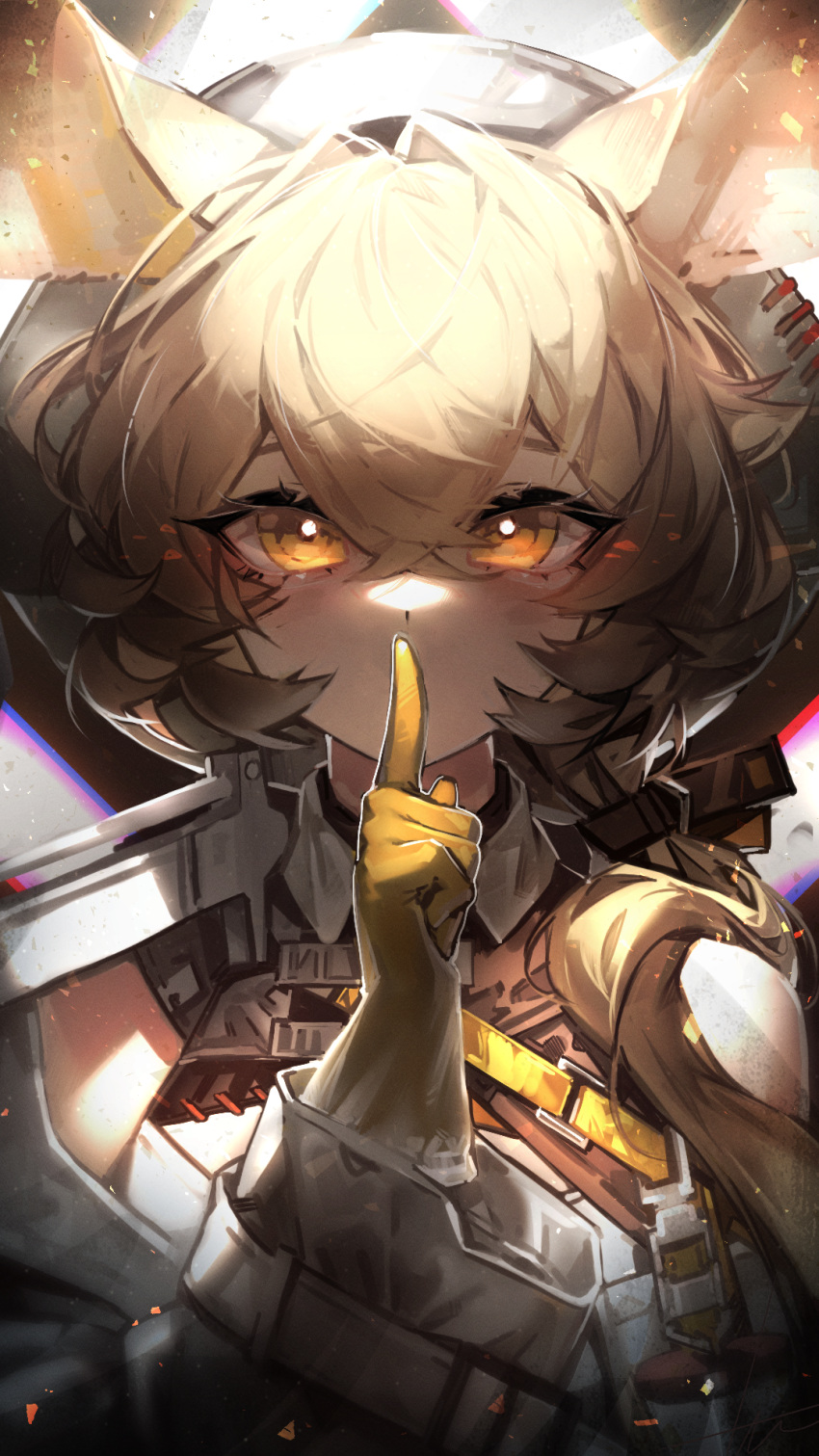 1girl animal_ears arknights bangs blonde_hair crossed_bangs dorothy_(arknights) finger_to_mouth gloves hair_between_eyes hair_intakes hand_up hat highres index_finger_raised libiadan long_hair long_sleeves mouse_ears mouse_girl shirt shushing solo white_headwear white_shirt yellow_eyes yellow_gloves