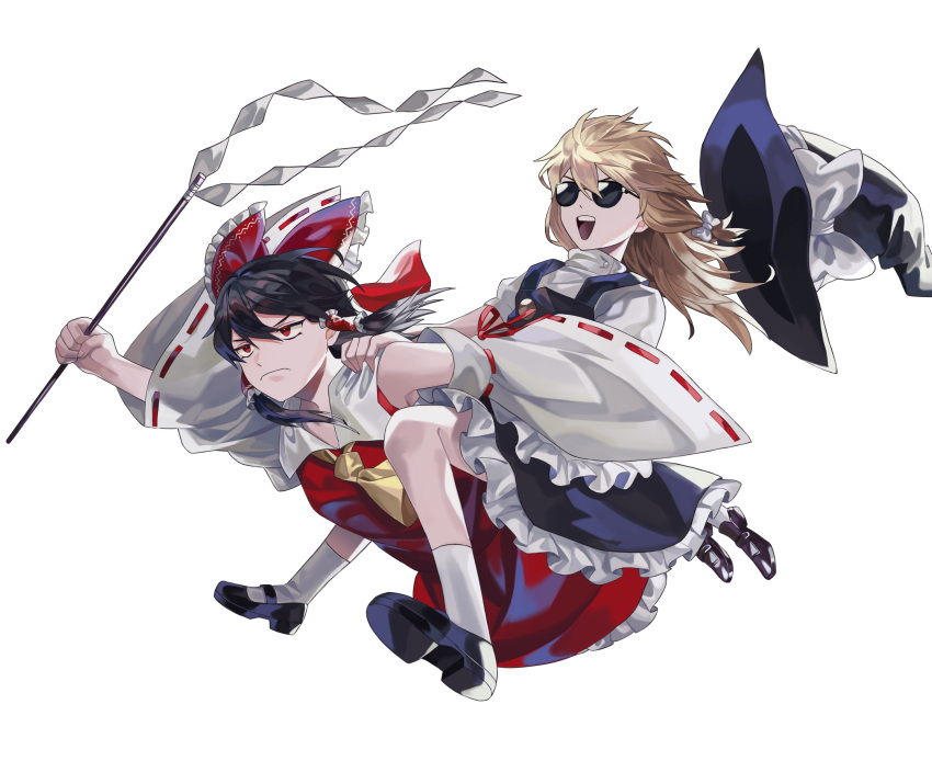 2girls absurdres ascot black_footwear black_skirt black_vest blonde_hair bow brown_hair closed_mouth comedy commentary_request detached_sleeves frilled_bow frilled_hair_tubes frilled_skirt frills frown full_body gohei hair_between_eyes hair_bow hair_tubes hakurei_reimu hat hat_removed headwear_removed highres holding holding_stick kirisame_marisa large_hat mary_janes medium_hair multiple_girls nugag open_mouth puffy_short_sleeves puffy_sleeves red_bow red_eyes red_ribbon red_shirt red_skirt ribbon ribbon-trimmed_sleeves ribbon_trim shiny shiny_hair shirt shoes short_sleeves simple_background sitting sitting_on_person skirt sleeveless sleeveless_shirt socks stick sunglasses teeth touhou upper_teeth v-shaped_eyebrows vest white_background white_shirt white_socks witch_hat yellow_ascot