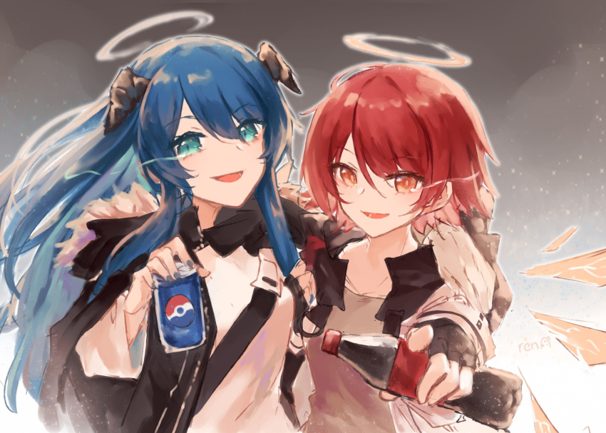 2girls :d arknights arm_around_shoulder black_jacket blue_eyes blue_nails bottle can coca-cola demon_horns detached_wings energy_wings exusiai_(arknights) fur-trimmed_hood fur_trim gloves glowing glowing_eye grey_background halo highres holding holding_bottle holding_can hood hood_down hooded_jacket horns jacket mostima_(arknights) multiple_girls open_clothes open_jacket open_mouth pepsi pointing pointing_at_viewer redhead renren shirt short_hair simple_background single_glove smile upper_body white_gloves white_shirt wings