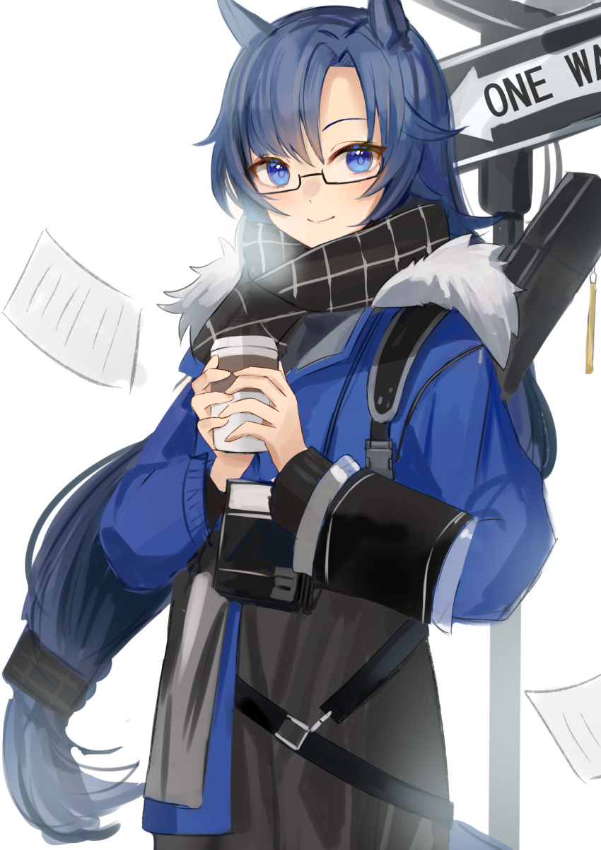 1girl arknights arrow_(symbol) azuazu_0405 bangs black-framed_eyewear black_scarf black_skirt blue_eyes blue_hair blue_shirt closed_mouth coffee_cup commentary_request cup disposable_cup fang_(arknights) fang_(cruciata)_(arknights) fur_trim glasses highres holding holding_cup long_hair long_sleeves parted_bangs road_sign scarf semi-rimless_eyewear shirt sign skirt smile solo steam under-rim_eyewear very_long_hair white_background