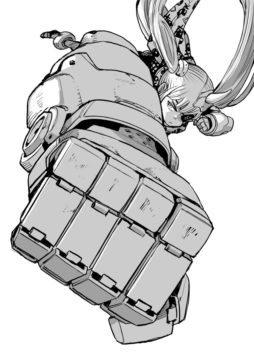 1girl acky_bright clenched_hands closed_mouth eyelashes eyepatch grey_background greyscale highres horns incoming_attack long_hair mechanical_arms monochrome oni oni_horns original patterned patterned_clothing punching scarf_pull scratches simple_background single_horn solo twintails very_long_hair