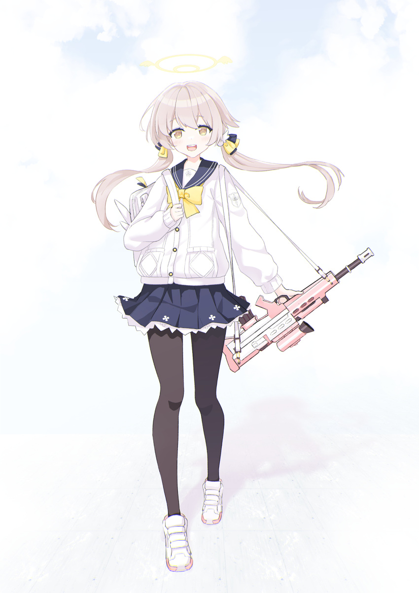 1girl :d assault_rifle bag bangs black_pantyhose blue_archive brown_eyes brown_hair commentary_request full_body gun hair_between_eyes halo hifumi_(blue_archive) highres holding holding_gun holding_weapon kokage_(chenff) long_hair long_sleeves looking_at_viewer low_twintails pantyhose peroro_(blue_archive) pleated_skirt rifle school_bag school_uniform serafuku sidelocks simple_background skirt smile solo standing twintails weapon white_background wing_hair_ornament