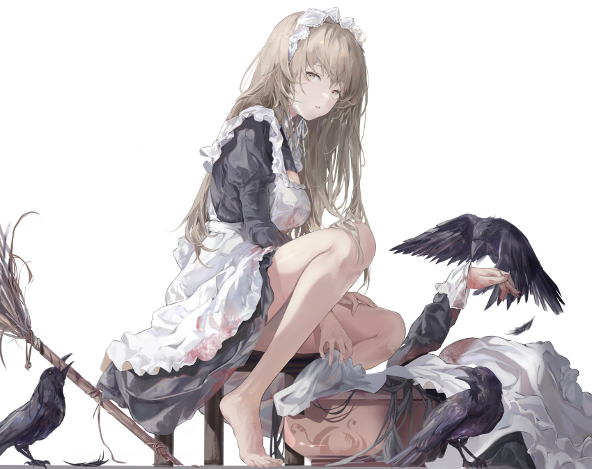 2girls absurdres apron bangs barefoot beak_hold bird bird_on_hand black_bird black_dress blonde_hair broom crow dress frilled_dress frills hand_up highres holding holding_broom jenmin12 lips long_hair looking_to_the_side lying maid maid_apron maid_headdress multiple_girls original parted_lips ribbon simple_background sitting submerged white_apron white_background white_ribbon yellow_eyes