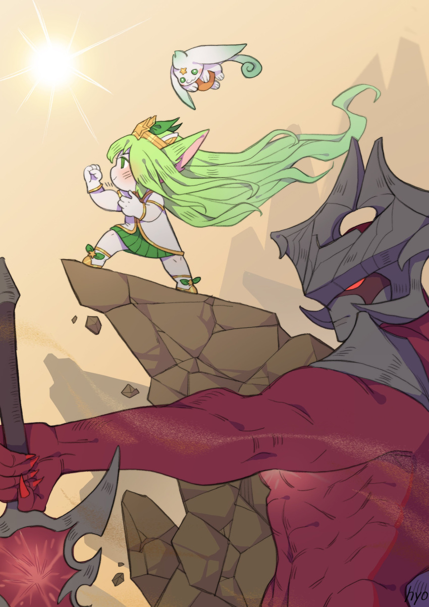 1boy 1girl aatrox abs absurdres artist_name biceps blush coat creature crown day demon demon_boy demon_horns flexing flying gloves glowing glowing_eyes green_eyes green_hair highres horns hyuko_wong league_of_legends long_hair looking_to_the_side lulu_(league_of_legends) miniskirt muscular muscular_male outdoors pointy_ears pose red_eyes red_nails rock shoes signature skirt smile star_guardian_(league_of_legends) star_guardian_lulu sun sunlight sword thick_arms topless_male weapon
