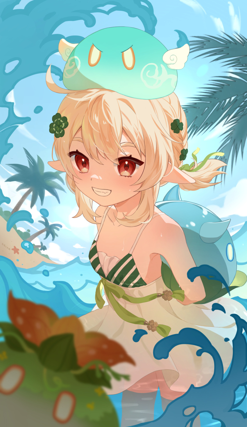 1girl :d alternate_costume arms_behind_back bangs blue_sky blurry clouds cloudy_sky clover_hair_ornament coconut_tree commentary_request depth_of_field frilled_swimsuit frills genshin_impact grin hair_between_eyes hair_ornament highres in_water klee_(genshin_impact) light_brown_hair long_hair looking_at_viewer low_twintails ocean one-piece_swimsuit orange_eyes palm_tree shixue_shaonu_lao sidelocks sky sleeveless slime_(genshin_impact) smile swimsuit tree twintails
