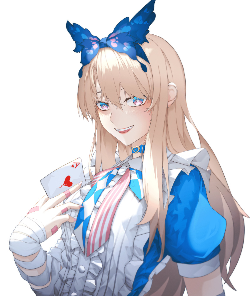 1girl absurdres alice_(grimlight) apron bandaged_arm bandages bandaid bandaid_on_hand bangs blue_bow blue_bowtie blue_choker blue_dress blue_eyes blue_hairband blush bow bowtie breasts brown_hair butterfly_hair_ornament butterfly_wings buttons card choker collared_dress dress fang fangs fingernails frills grey_apron grimlight hair_between_eyes hair_ornament hairband hand_up heart heart_in_eye heart_print highres light_brown_hair long_fingernails long_hair looking_at_viewer medium_breasts multicolored_bow multicolored_bowtie multicolored_eyes nail_polish noxia-world open_mouth pink_bow pink_bowtie pink_eyes pink_nails playing_card puffy_short_sleeves puffy_sleeves short_sleeves simple_background smile solo striped striped_bow striped_bowtie symbol_in_eye teeth tongue upper_body white_background white_bow white_bowtie wings