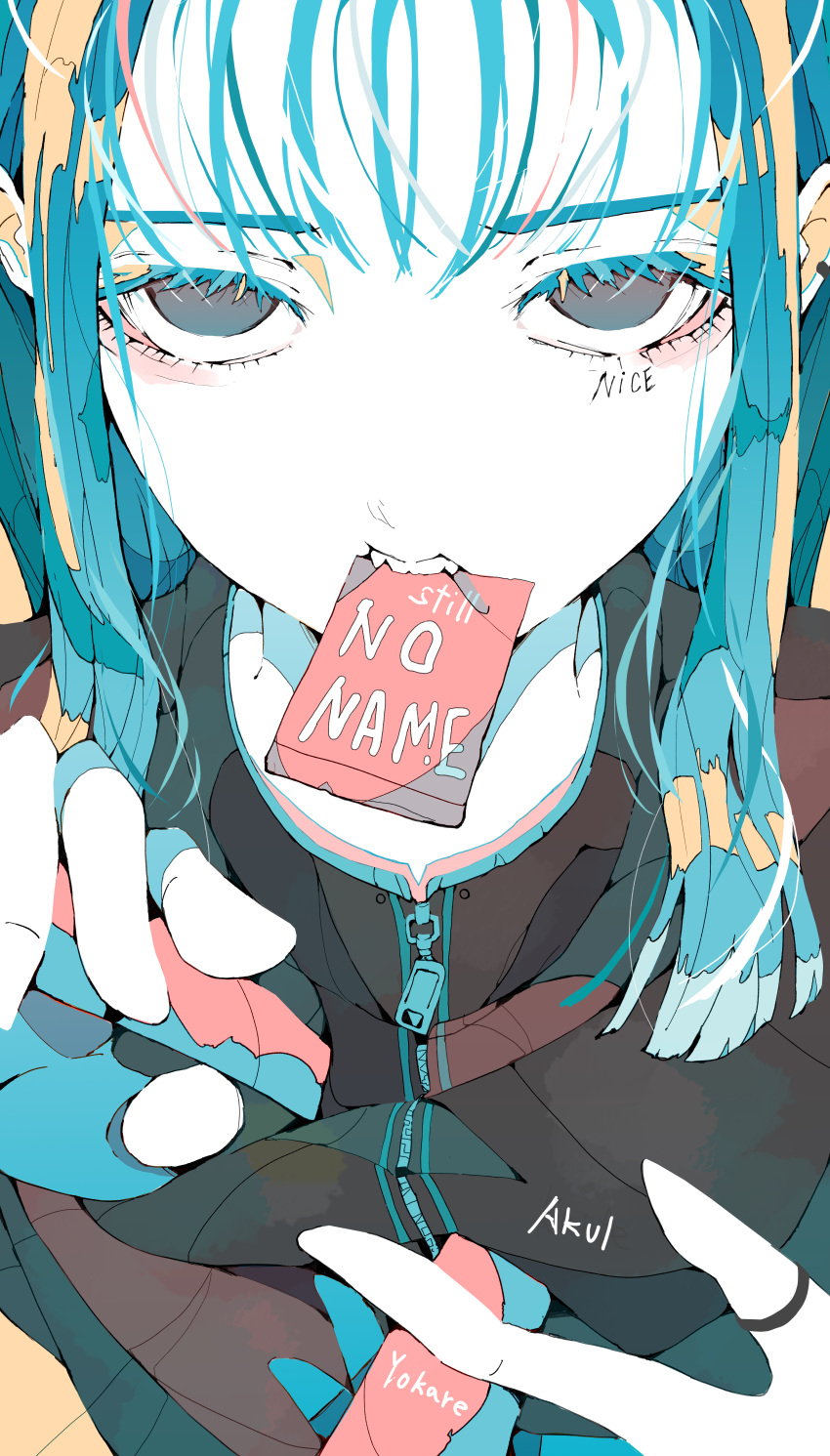 1girl absurdres bangs black_shirt blue_hair commentary_request facial_tattoo grey_eyes hands_up highres in_mouth looking_at_viewer nocopyrightgirl original pale_skin shirt solo tattoo thumb_ring zipper zipper_pull_tab