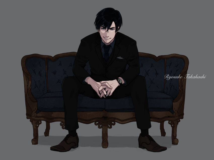 1boy bangs black_eyes black_hair black_jacket black_pants blazer blue_necktie breast_pocket brown_footwear character_name closed_mouth collared_shirt commentary_request couch formal full_body grey_shirt hair_between_eyes highres initial_d jacket kurokawa_yuo looking_at_viewer male_focus necktie open_mouth pants pocket pocket_square shirt shoes short_hair simple_background sitting smile solo striped striped_shirt suit takahashi_ryousuke watch watch