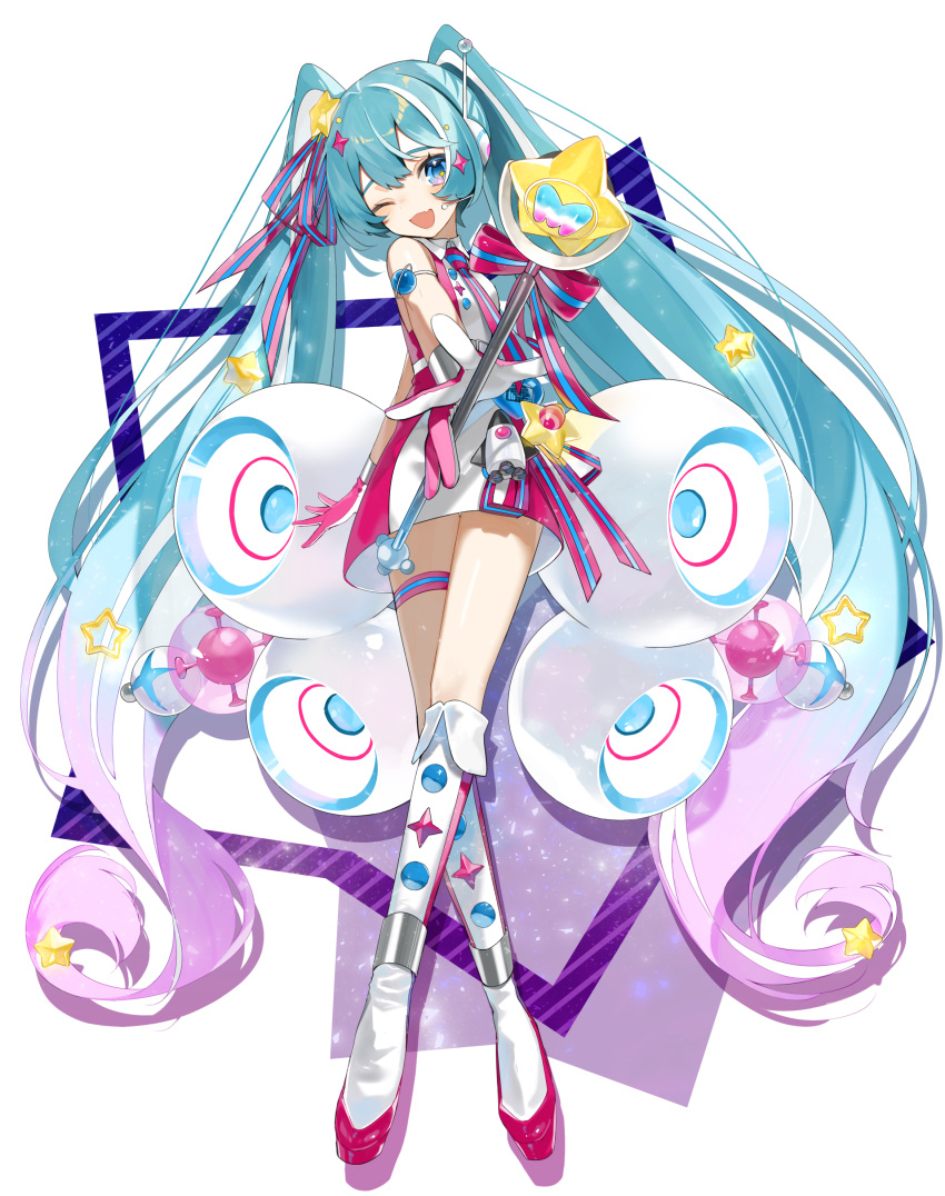 1girl ;d absurdres aqua_hair arm_at_side armlet belt blue_eyes boots bow breasts collared_dress colored_tips contrapposto crossed_legs diagonal_stripes dot_nose dress fang full_body gloves glowing gradient gradient_hair hair_ornament hair_ribbon hatsune_miku head_tilt headphones heart highres holding holding_wand horizontal_stripes knee_boots light_particles long_hair looking_at_viewer magical_mirai_(vocaloid) magimirai_miku magimirai_miku_(2022) multicolored_hair necktie one_eye_closed open_mouth outstretched_arm pink_bow pink_dress pink_hair pink_necktie pink_ribbon planet planetary_ring platform_boots radio_antenna reirou_(chokoonnpu) ribbon rocket_ship shiny shiny_hair shiny_skin short_dress simple_background sleeveless sleeveless_dress small_breasts smile solo spacecraft sparkle_hair_ornament speaker star_(symbol) star_hair_ornament star_in_eye star_wand starry_background striped striped_bow striped_dress striped_necktie striped_ribbon symbol_in_eye thigh_strap thighs twintails two-tone_dress two-tone_gloves two-tone_necktie vertical-striped_dress vertical_stripes very_long_hair vocaloid waist_bow wand white_background white_belt white_dress white_footwear white_gloves