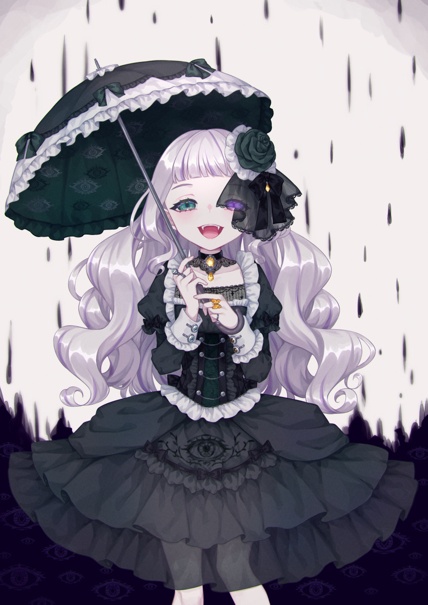 1girl :d absurdres akikawa_higurashi bangs black_bow black_collar black_dress blunt_bangs bow collar commentary dress dress_bow eye_print fangs feet_out_of_frame flower gothic_lolita green_eyes green_flower green_rose grey_hair hair_flower hair_ornament hairclip heterochromia highres holding holding_umbrella jewelry juliet_sleeves lace_collar light_purple_hair lolita_fashion long_hair long_sleeves looking_at_viewer multiple_rings original pinky_ring puffy_sleeves rain ring rose see-through sleeve_cuffs smile solo standing straight-on umbrella veil violet_eyes wavy_hair yellow_gemstone
