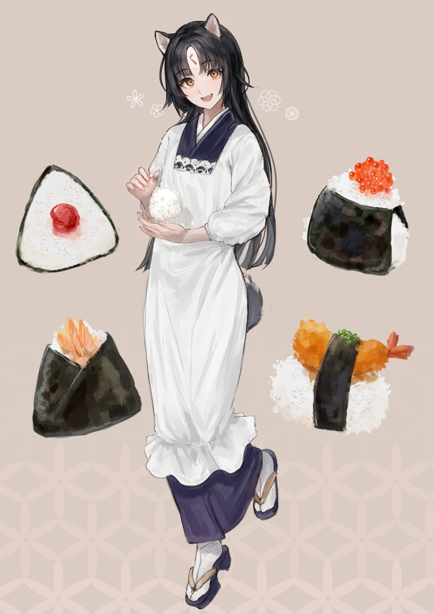1girl absurdres animal_ears arknights black_hair brown_background caviar clothing_request dog_ears dog_girl dog_tail fang fang_out fingernails food food_request fried_food full_body highres ikura_(food) long_hair looking_at_viewer maria_(syake-uni) onigiri open_mouth rice saga_(arknights) shrimp shrimp_tempura simple_background sleeves_past_elbows socks solo sushi tail tempura white_socks yellow_eyes