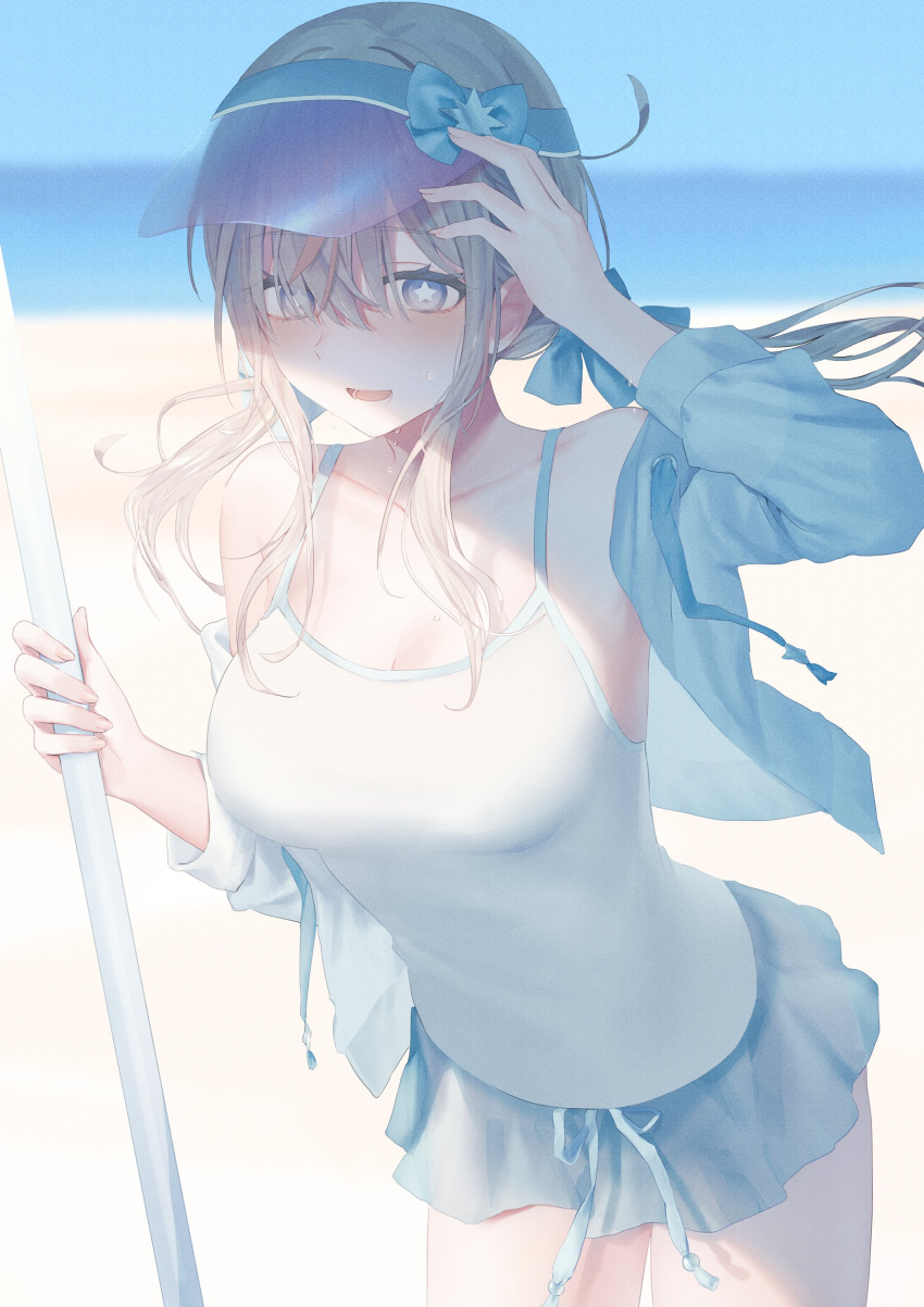 1girl absurdres beach blonde_hair blue_bow blue_eyes blue_jacket blue_ribbon blue_skirt blurry blurry_background blush bow breasts camisole collarbone hair_bow hand_on_headwear hat highres holding holding_stick horizon jacket long_hair long_sleeves ocean open_mouth original ribbon skirt solo star-shaped_pupils star_(symbol) stick symbol-shaped_pupils unusa white_camisole